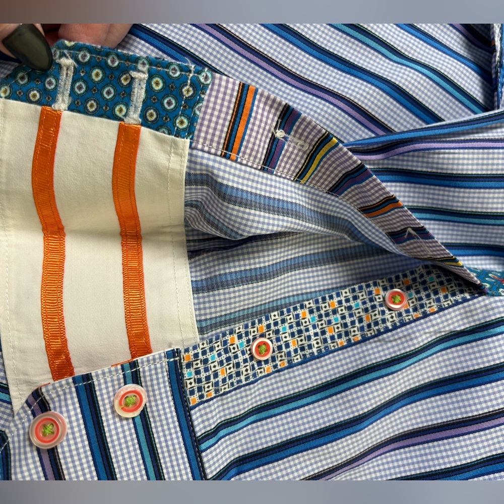 ROBERT GRAHAM Flip Cuff Striped Gingham Button Down Shirt Blue Purple 2XL - Picture 8 of 16